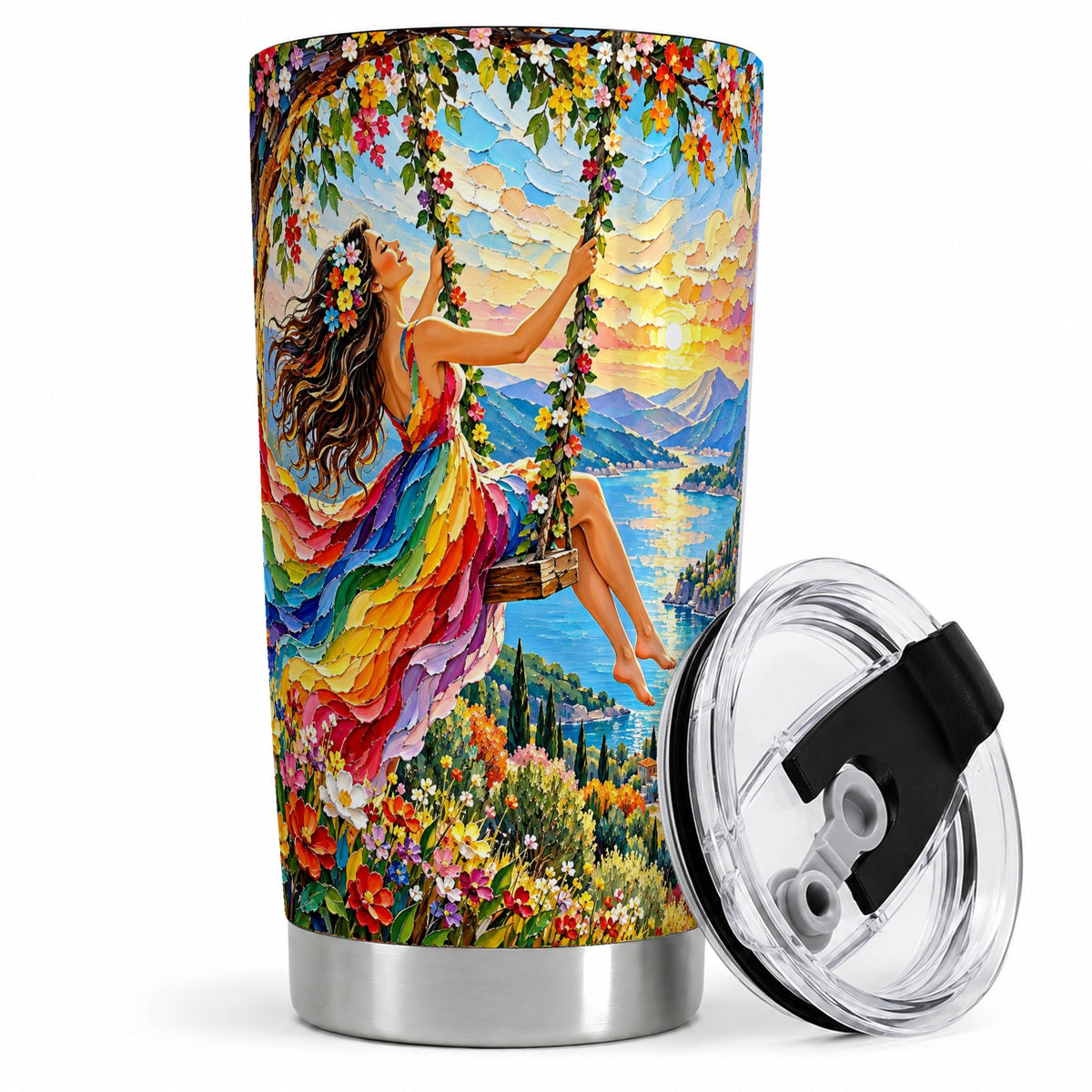 Rainbow Swing Woman 20oz Stainless Steel Tumbler with Mountain Artwork
