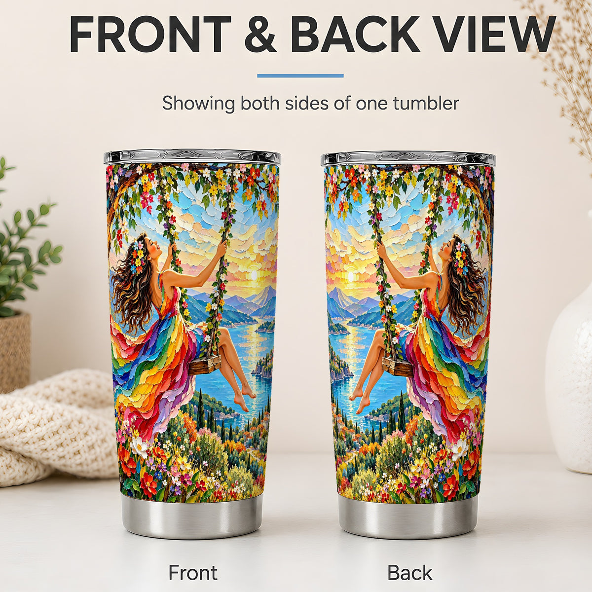 #pl[20oz|Steel] Rainbow Swing Woman 20oz Stainless Steel Tumbler with Mountain Artwork