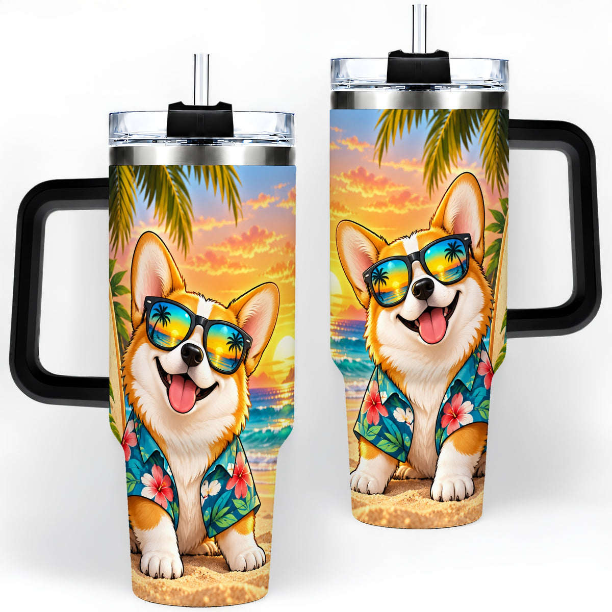 #pl[40oz|Black] Tropical Corgi Beach 40oz Tumbler for Dog Lovers and Summer Days