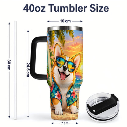 #pl[40oz|Black] Tropical Corgi Beach 40oz Tumbler for Dog Lovers and Summer Days
