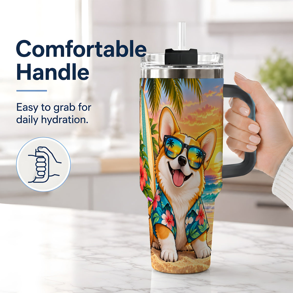 #pl[40oz|Black] Tropical Corgi Beach 40oz Tumbler for Dog Lovers and Summer Days