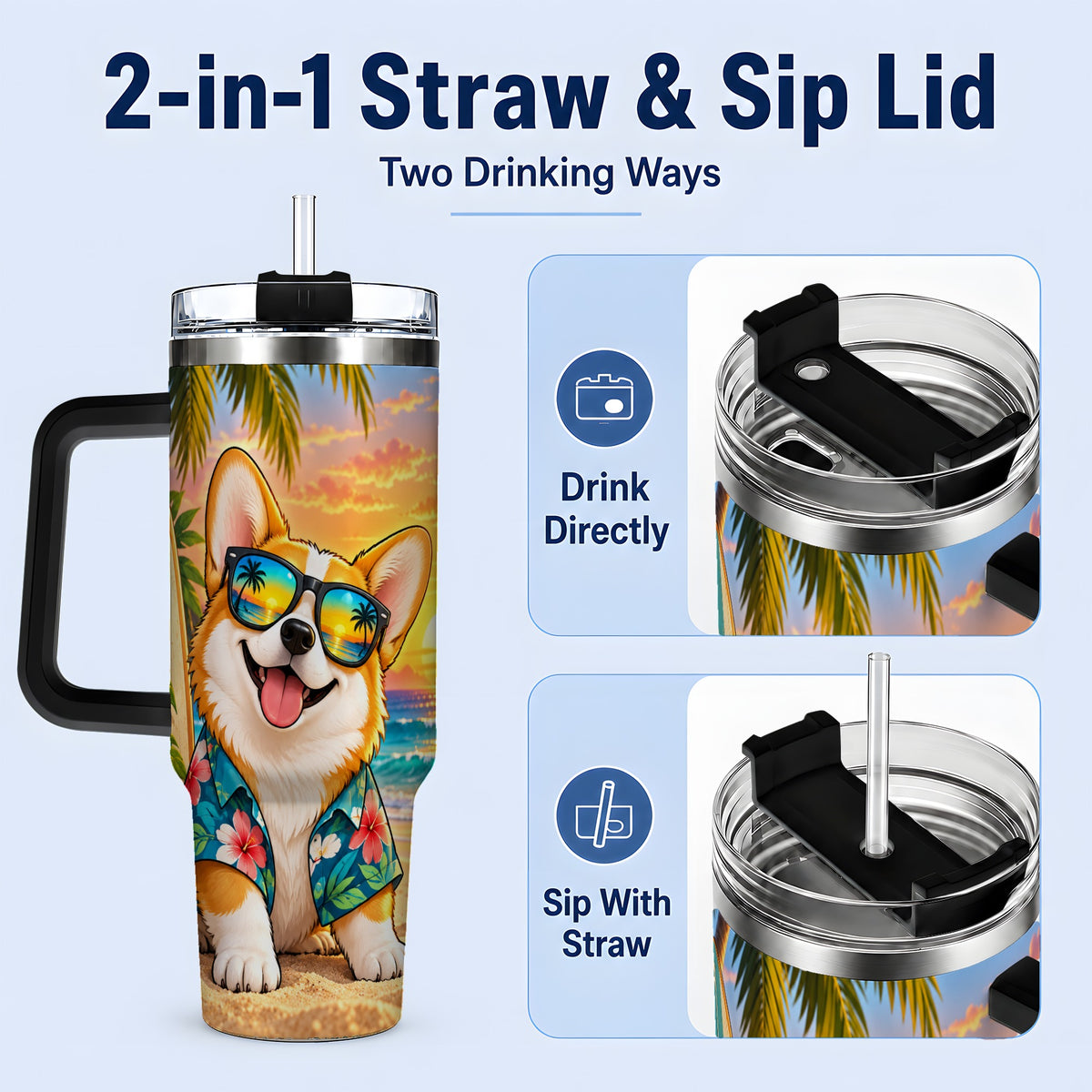#pl[40oz|Black] Tropical Corgi Beach 40oz Tumbler for Dog Lovers and Summer Days