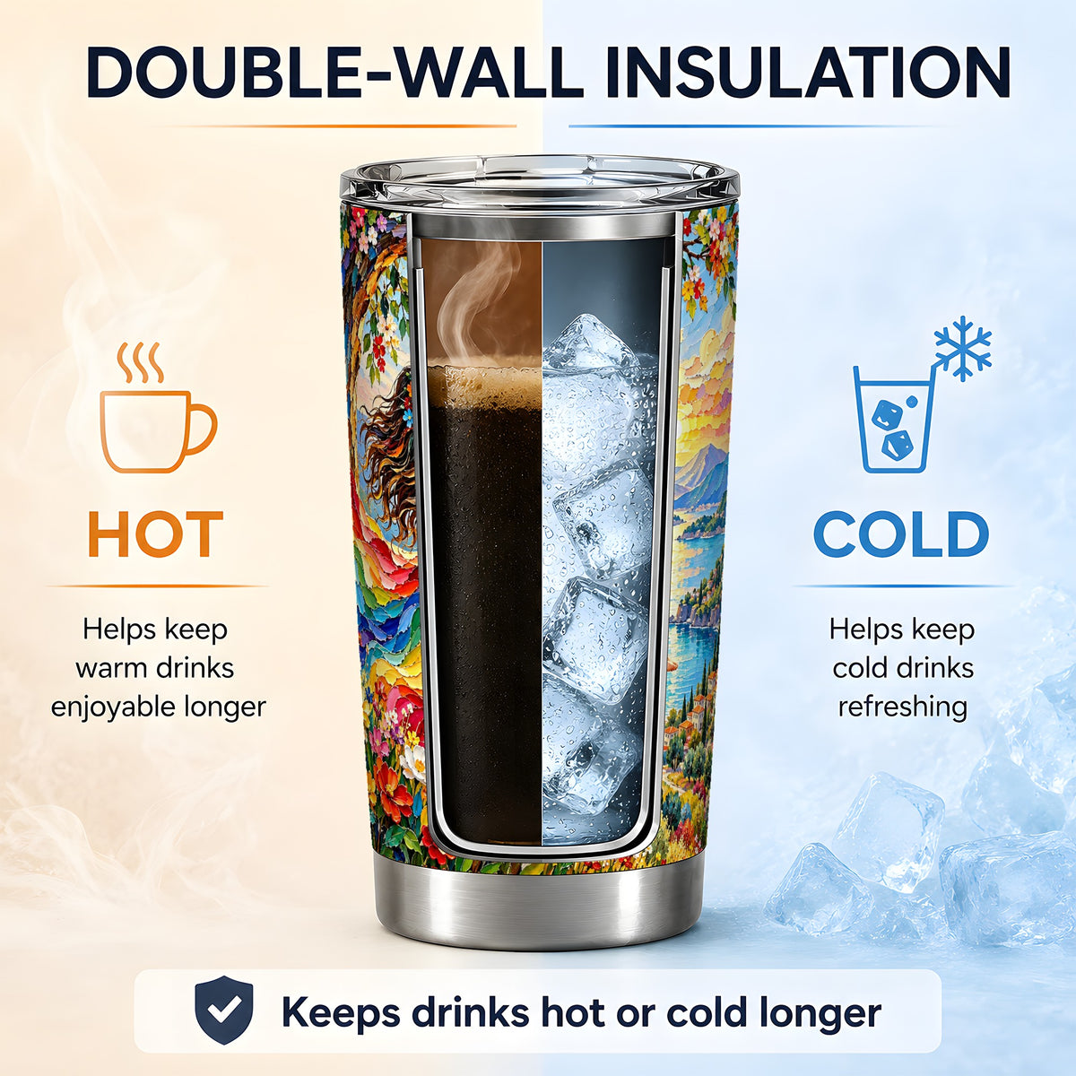 Rainbow Swing Woman 20oz Stainless Steel Tumbler with Mountain Artwork