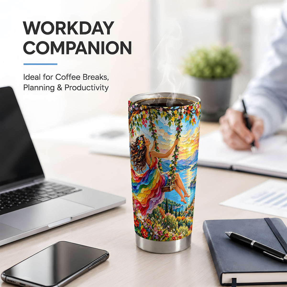 Rainbow Swing Woman 20oz Stainless Steel Tumbler with Mountain Artwork