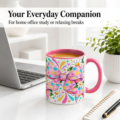 #pl[11oz|Pink] Daisy Polka Dot Bow Ceramic Mug with Colorful Floral Artwork