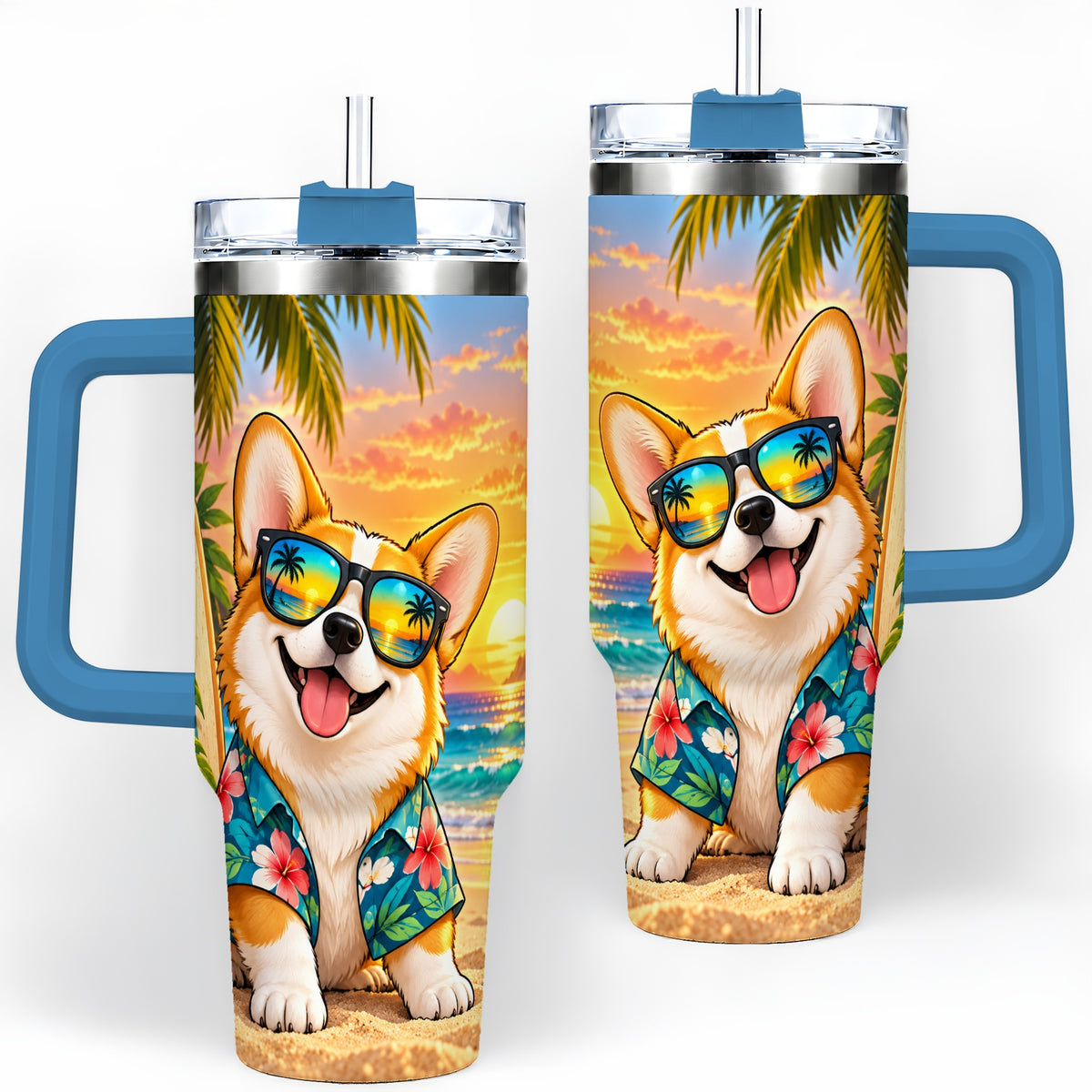 #pl[40oz|Blue] Tropical Corgi Beach 40oz Tumbler for Dog Lovers and Summer Days