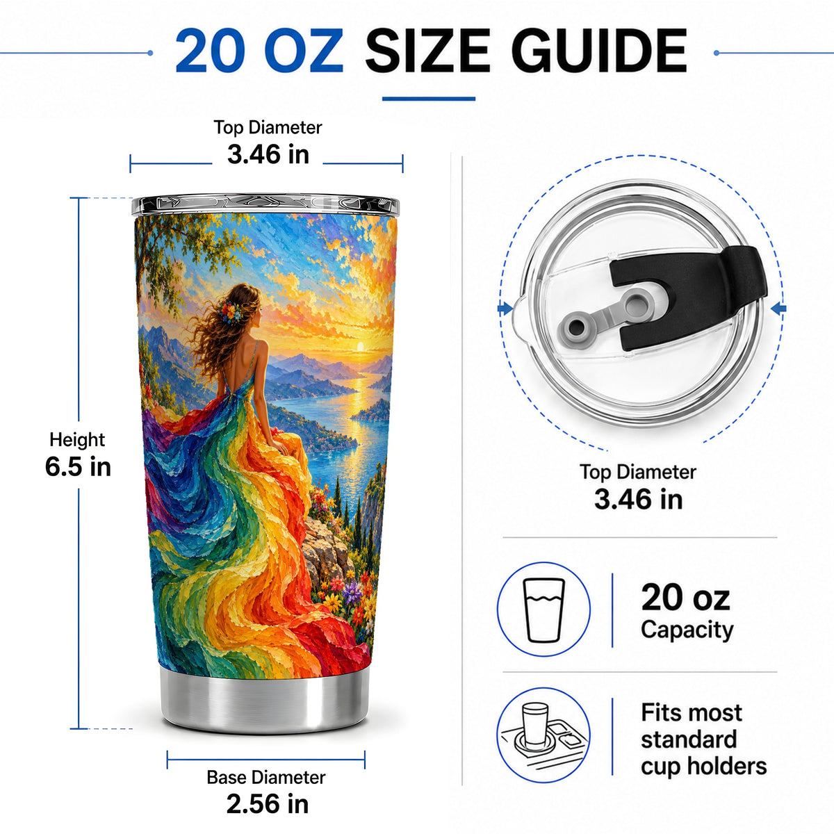 #pl[20oz|Steel] Rainbow Sunset Woman 20oz Stainless Steel Tumbler with Scenic Artwork