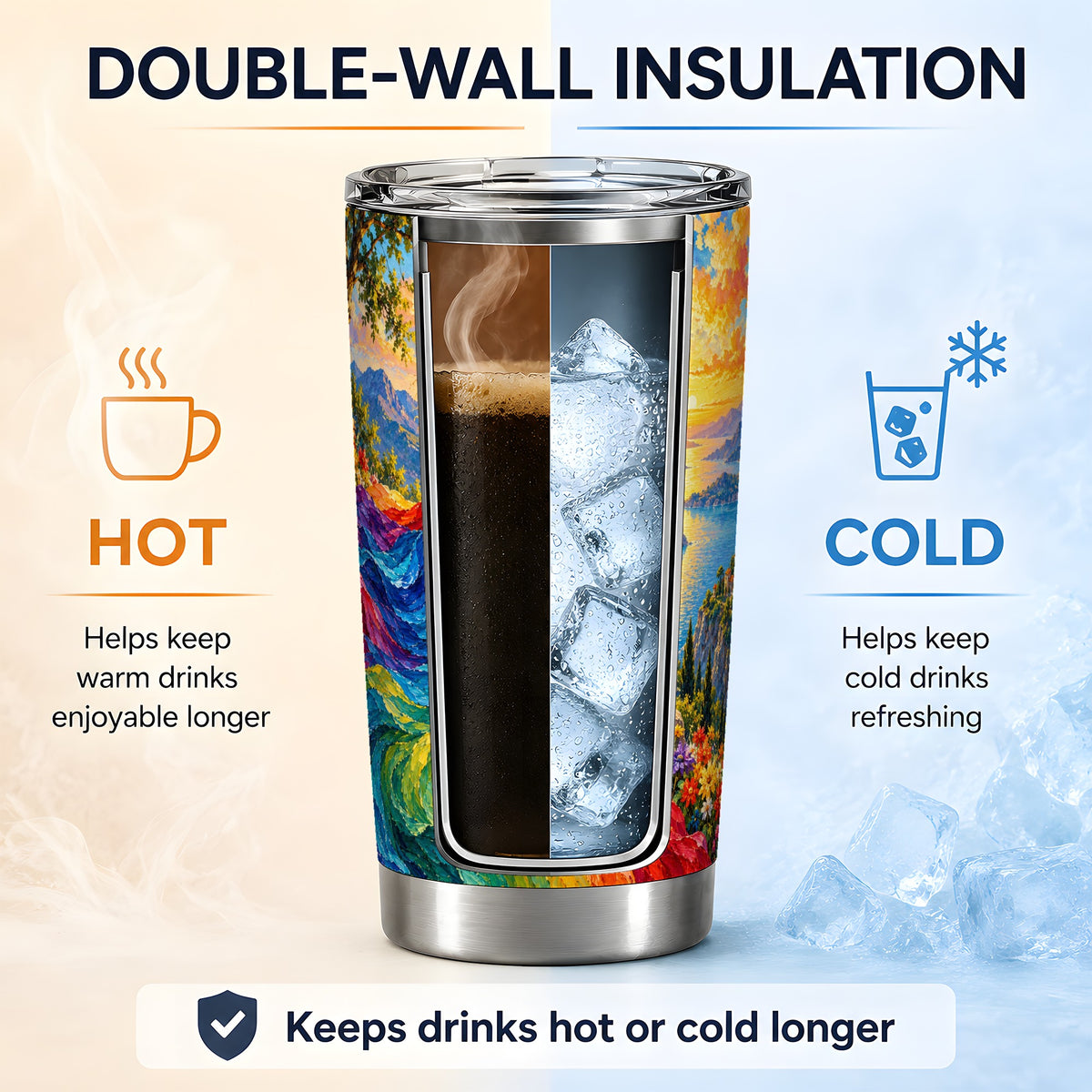 Rainbow Sunset Woman 20oz Stainless Steel Tumbler with Scenic Artwork