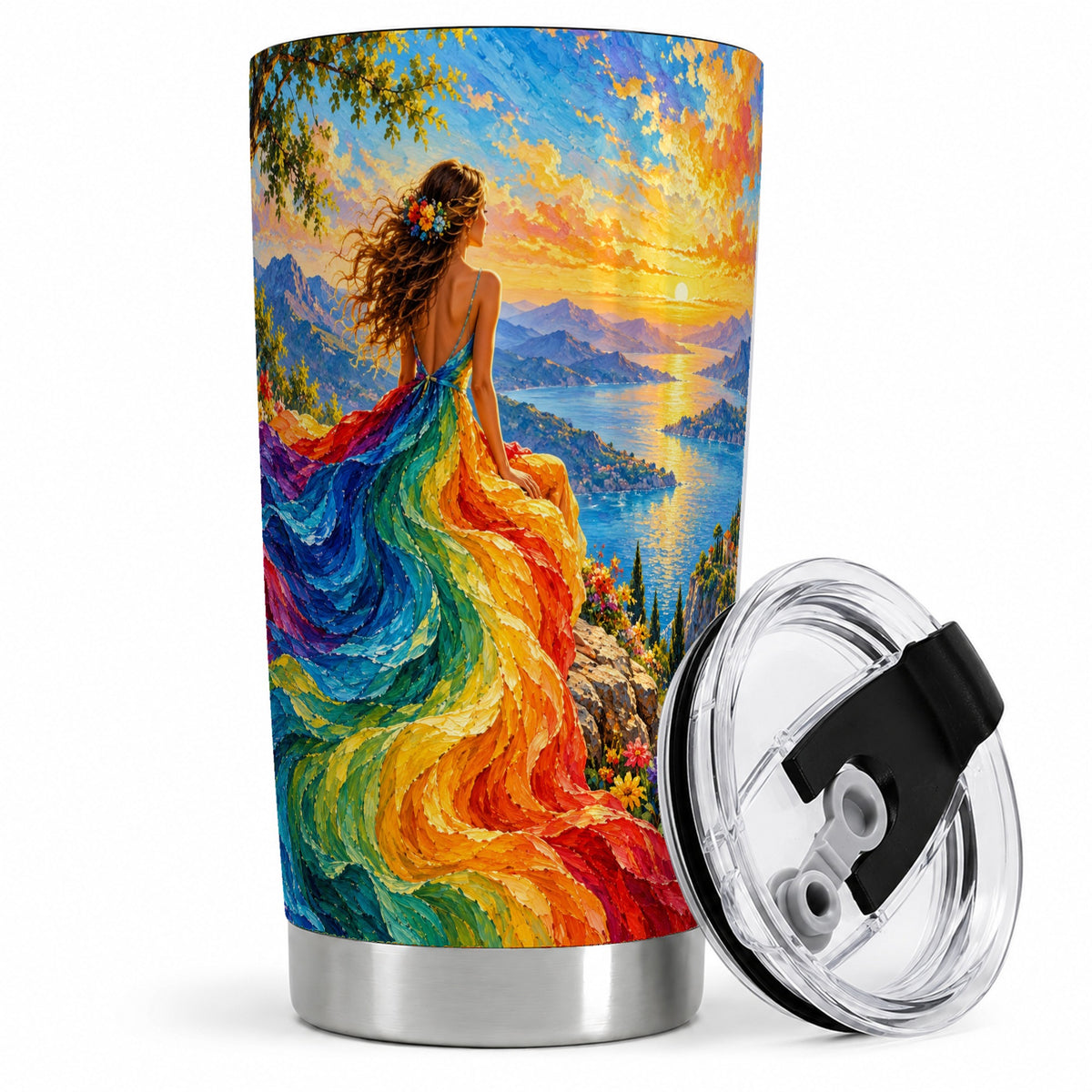 Rainbow Sunset Woman 20oz Stainless Steel Tumbler with Scenic Artwork
