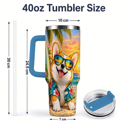 #pl[40oz|Blue] Tropical Corgi Beach 40oz Tumbler for Dog Lovers and Summer Days