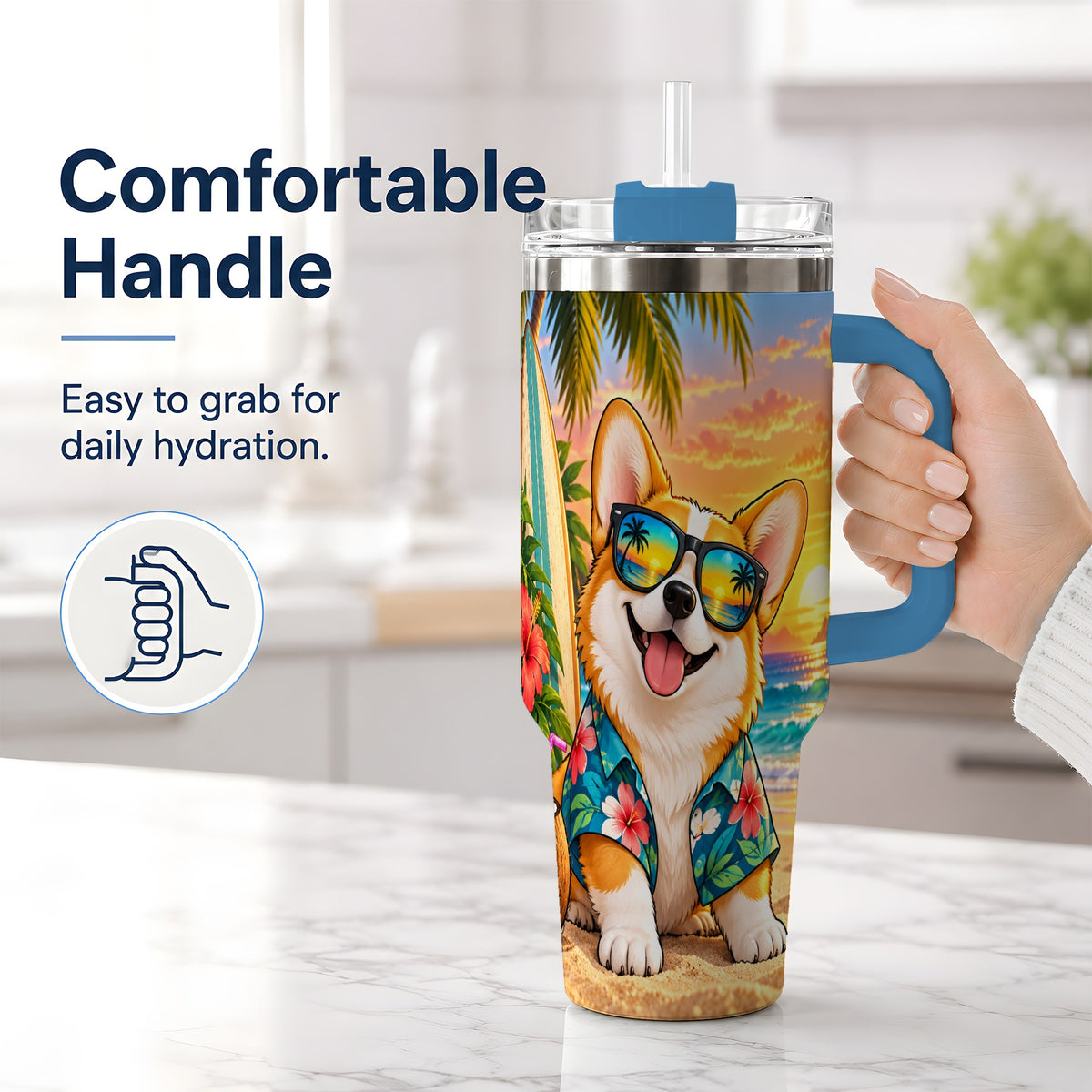 #pl[40oz|Blue] Tropical Corgi Beach 40oz Tumbler for Dog Lovers and Summer Days