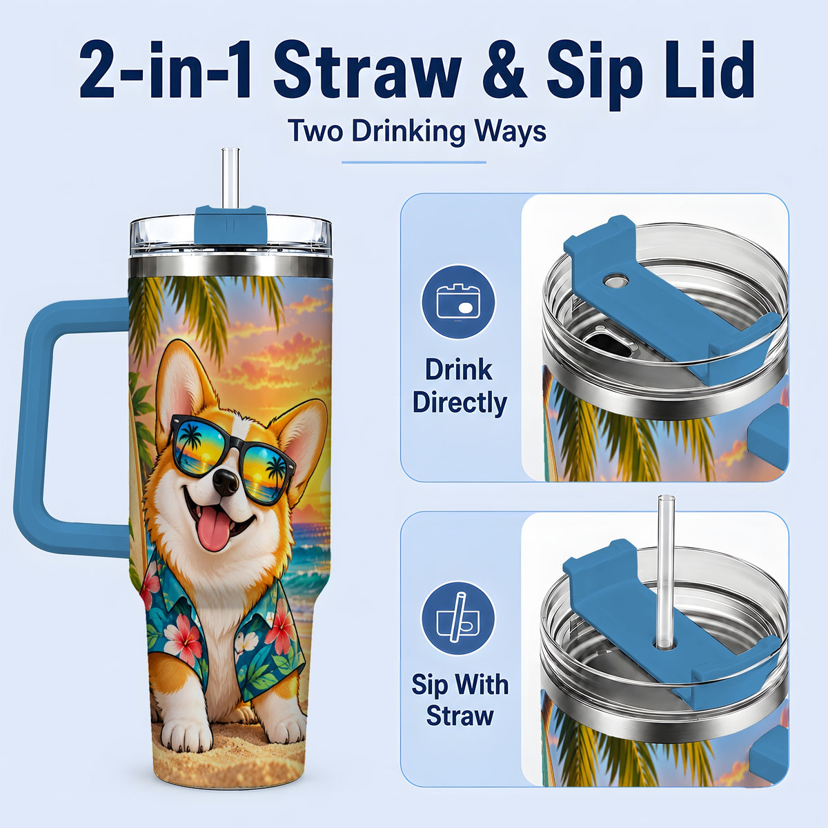#pl[40oz|Blue] Tropical Corgi Beach 40oz Tumbler for Dog Lovers and Summer Days
