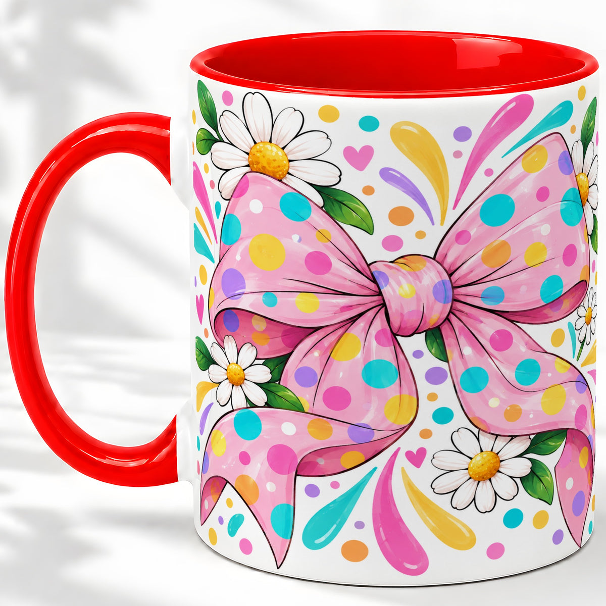 Daisy Polka Dot Bow Ceramic Mug with Colorful Floral Artwork