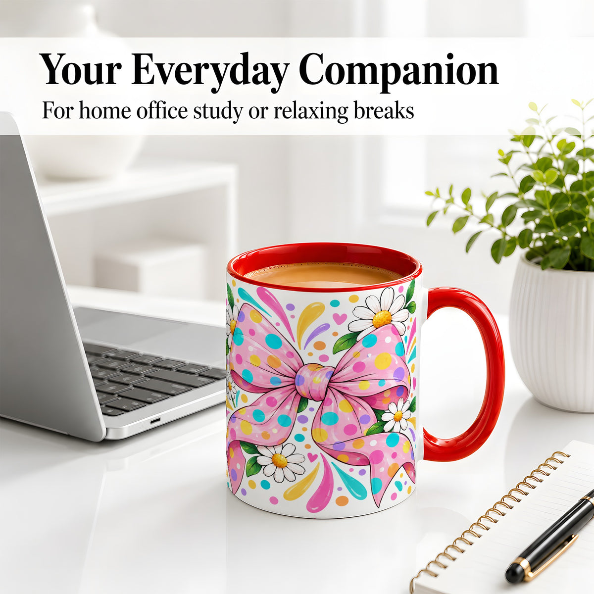 #pl[11oz|Red] Daisy Polka Dot Bow Ceramic Mug with Colorful Floral Artwork