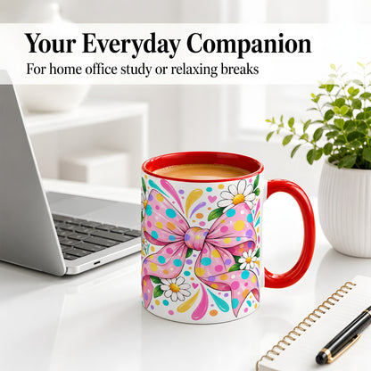 #pl[11oz|Red] Daisy Polka Dot Bow Ceramic Mug with Colorful Floral Artwork