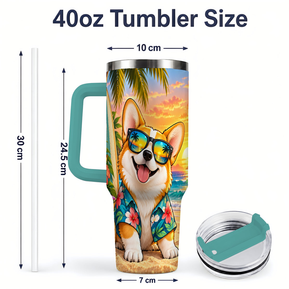#pl[40oz|Green] Tropical Corgi Beach 40oz Tumbler for Dog Lovers and Summer Days