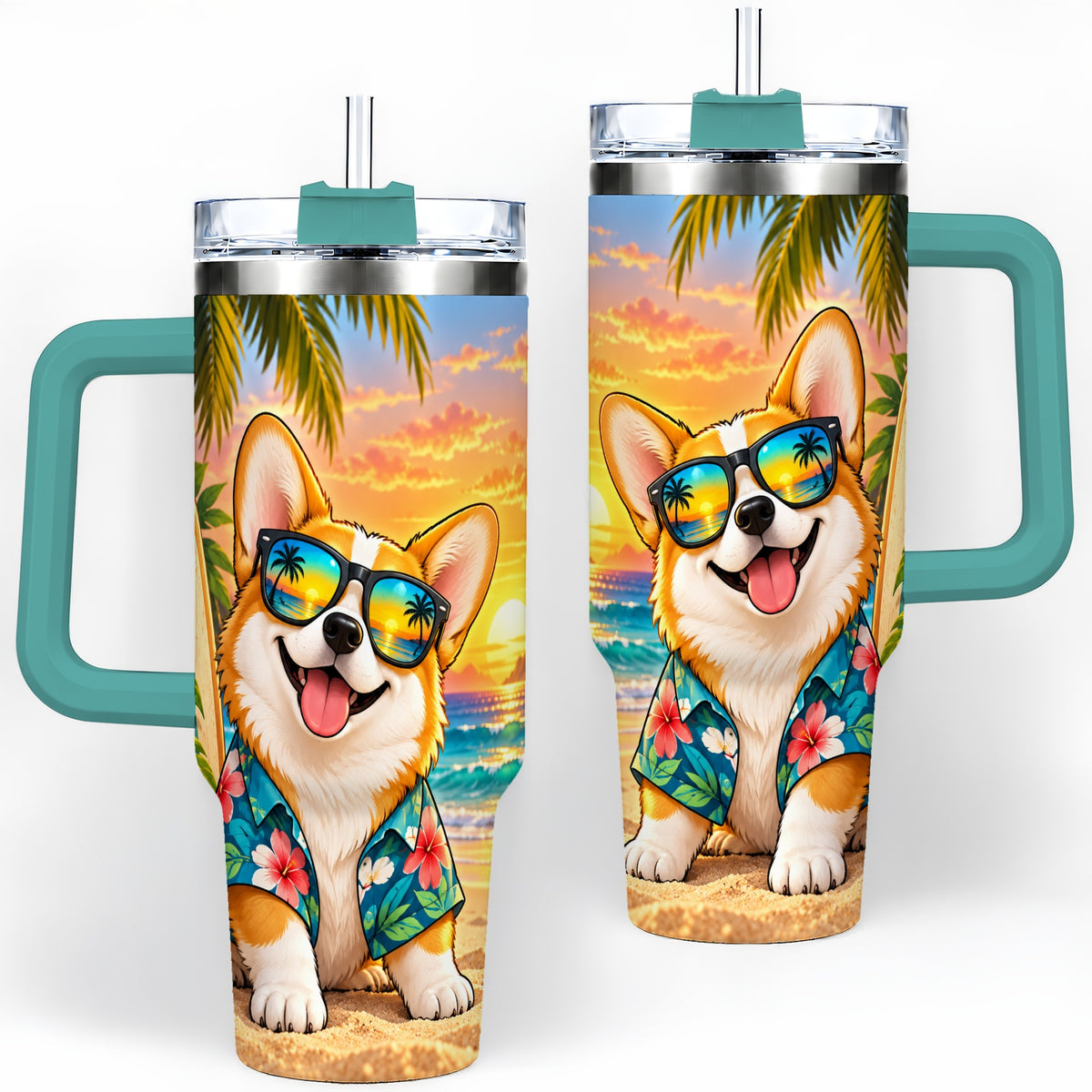 #pl[40oz|Green] Tropical Corgi Beach 40oz Tumbler for Dog Lovers and Summer Days