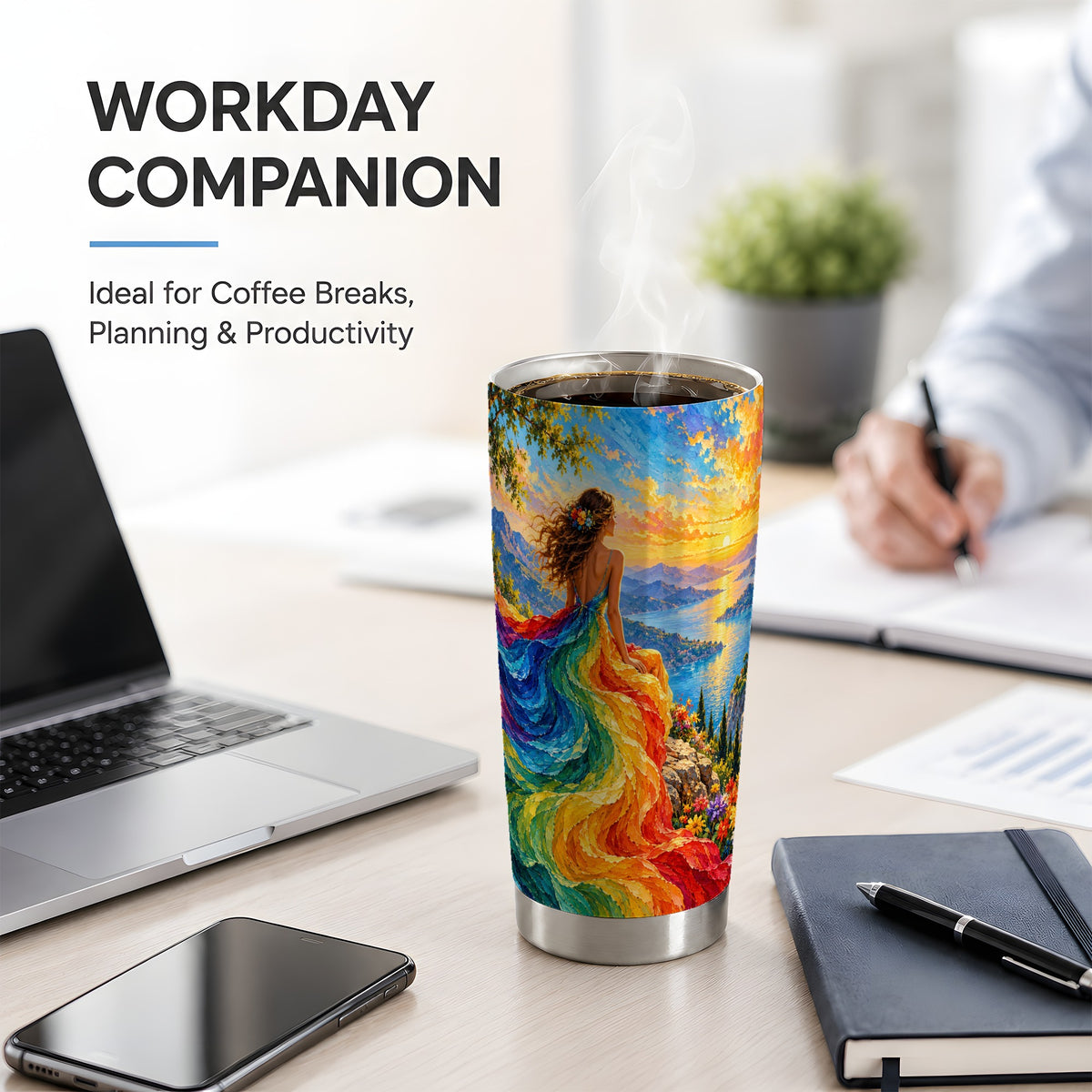Rainbow Sunset Woman 20oz Stainless Steel Tumbler with Scenic Artwork