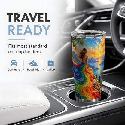 Rainbow Sunset Woman 20oz Stainless Steel Tumbler with Scenic Artwork