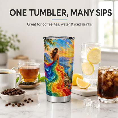 Rainbow Sunset Woman 20oz Stainless Steel Tumbler with Scenic Artwork