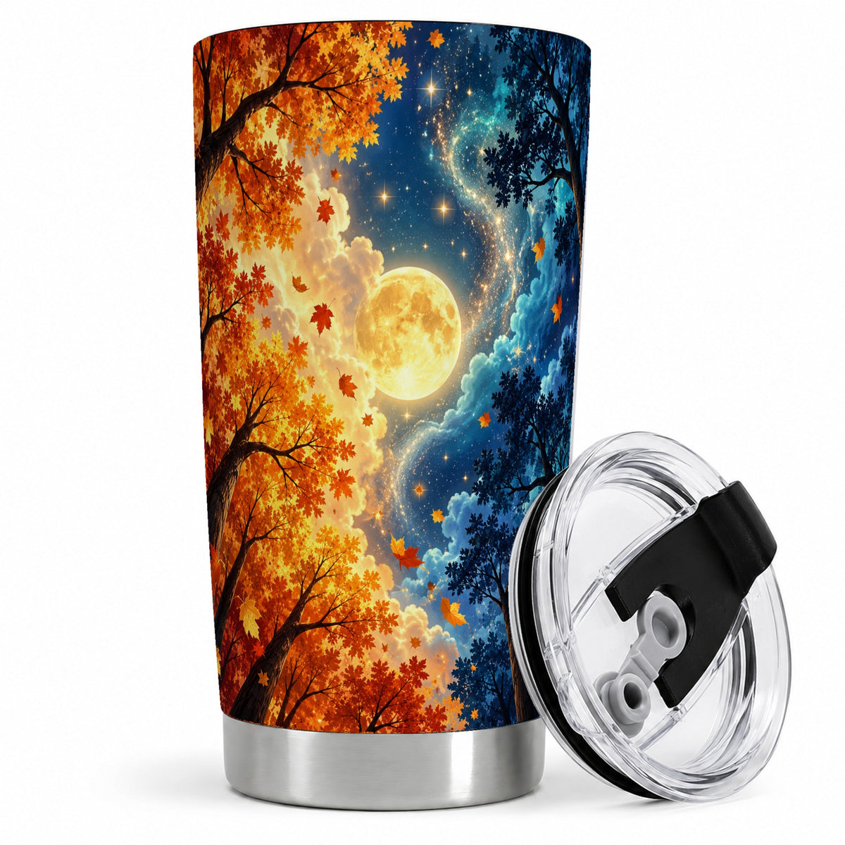 Autumn Moon Forest 20oz Stainless Steel Tumbler with Night Sky Artwork