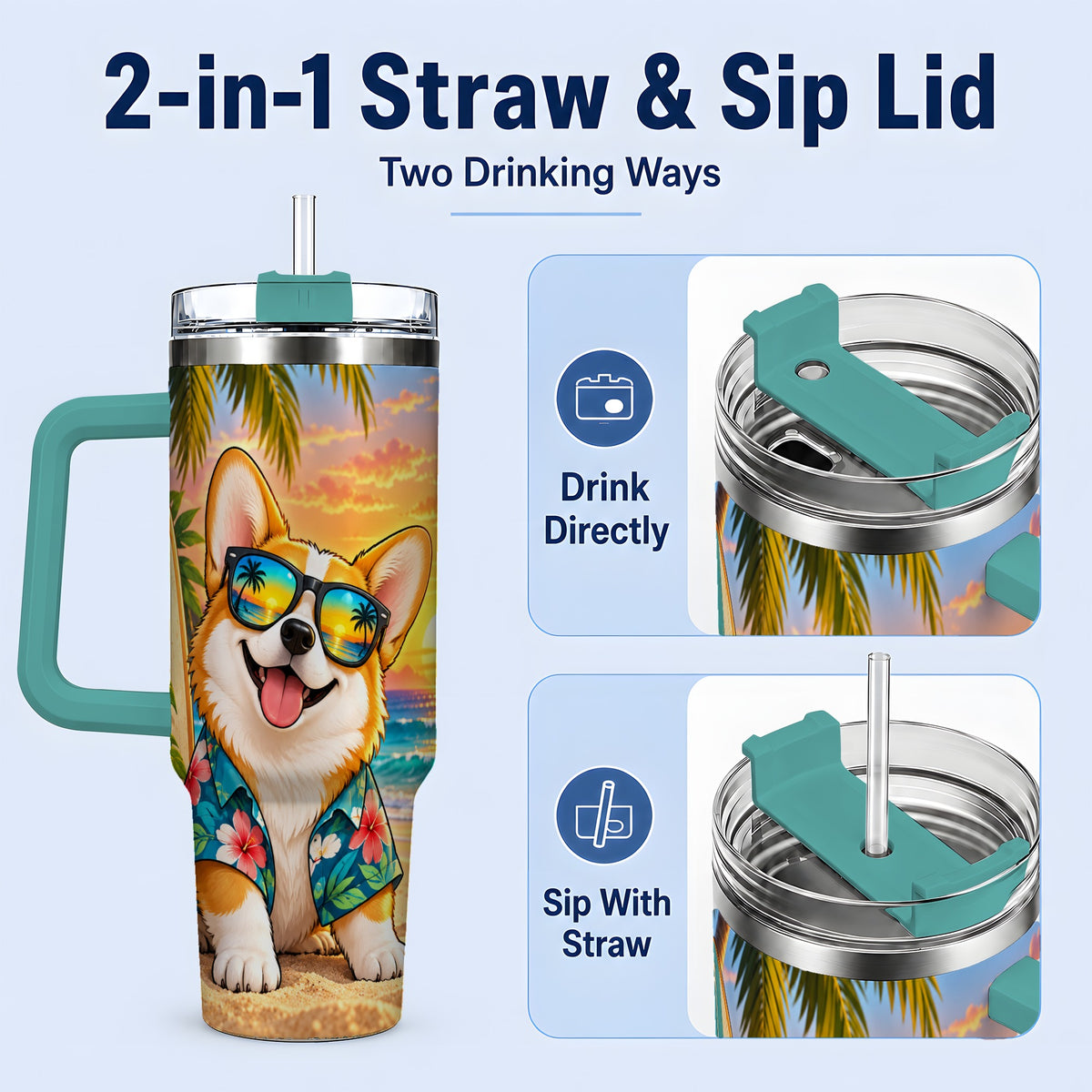 #pl[40oz|Green] Tropical Corgi Beach 40oz Tumbler for Dog Lovers and Summer Days