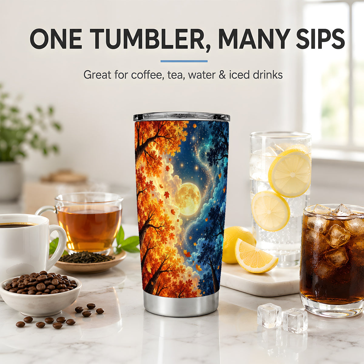 Autumn Moon Forest 20oz Stainless Steel Tumbler with Night Sky Artwork