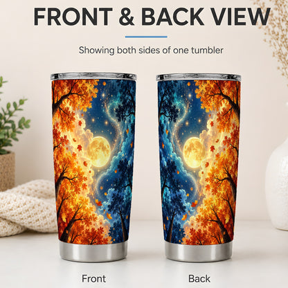 #pl[20oz|Steel] Autumn Moon Forest 20oz Stainless Steel Tumbler with Night Sky Artwork