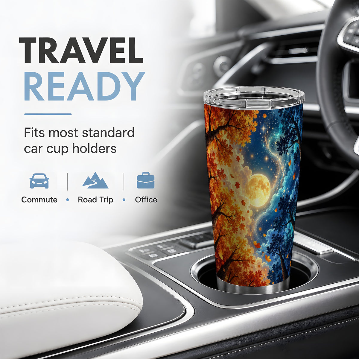 Autumn Moon Forest 20oz Stainless Steel Tumbler with Night Sky Artwork