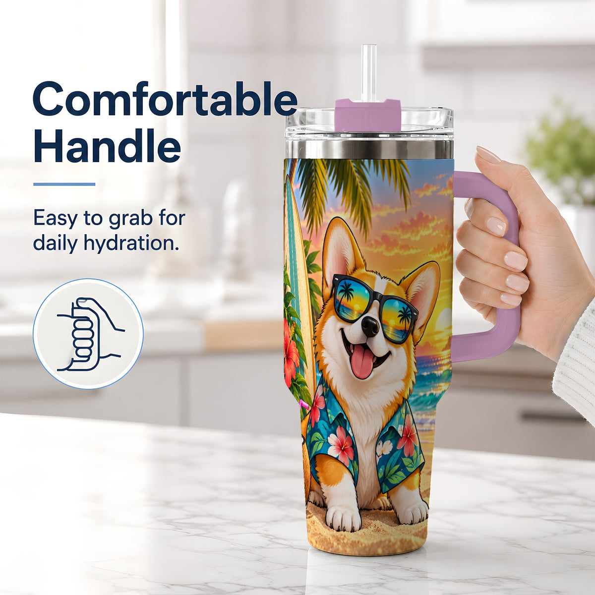#pl[40oz|Pink] Tropical Corgi Beach 40oz Tumbler for Dog Lovers and Summer Days
