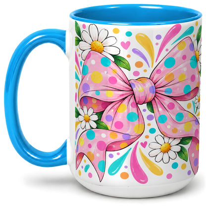 #pl[15oz|Blue] Daisy Polka Dot Bow Ceramic Mug with Colorful Floral Artwork