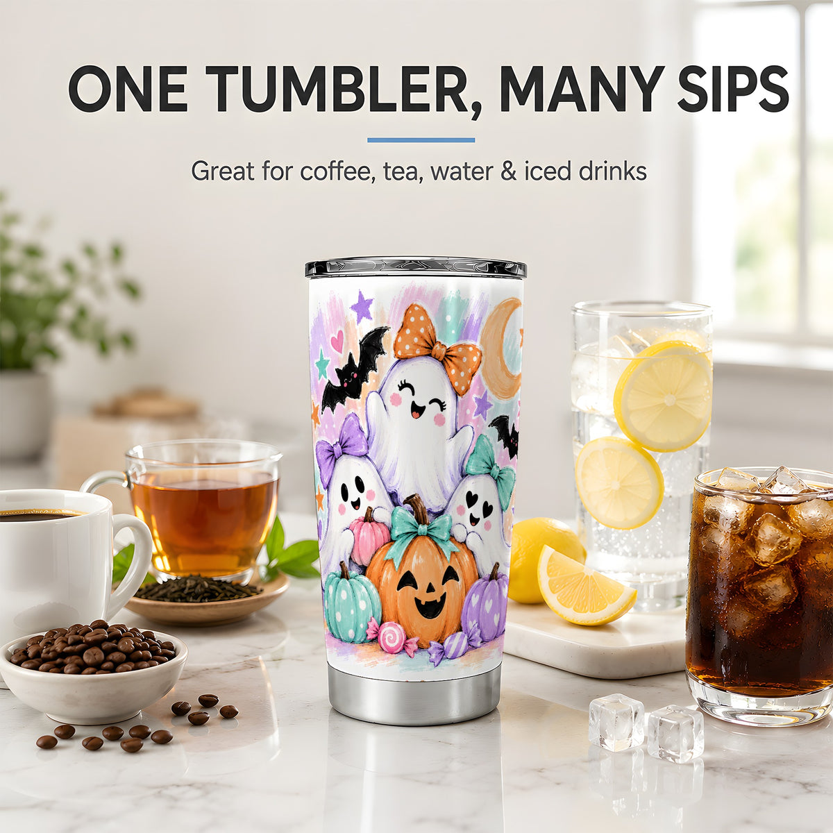 Pastel Halloween Ghost 20oz Stainless Steel Tumbler with Pumpkin Artwork