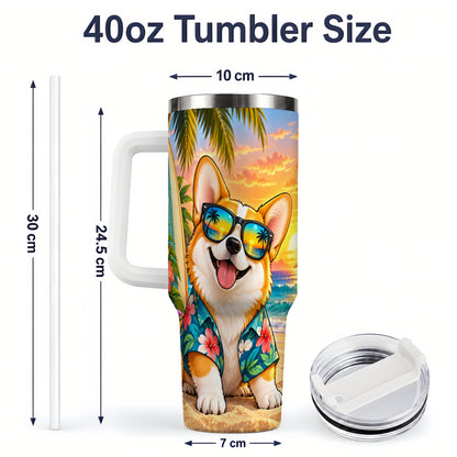 #pl[40oz|White] Tropical Corgi Beach 40oz Tumbler for Dog Lovers and Summer Days
