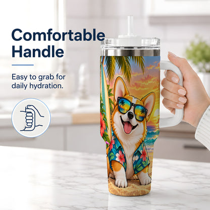 #pl[40oz|White] Tropical Corgi Beach 40oz Tumbler for Dog Lovers and Summer Days