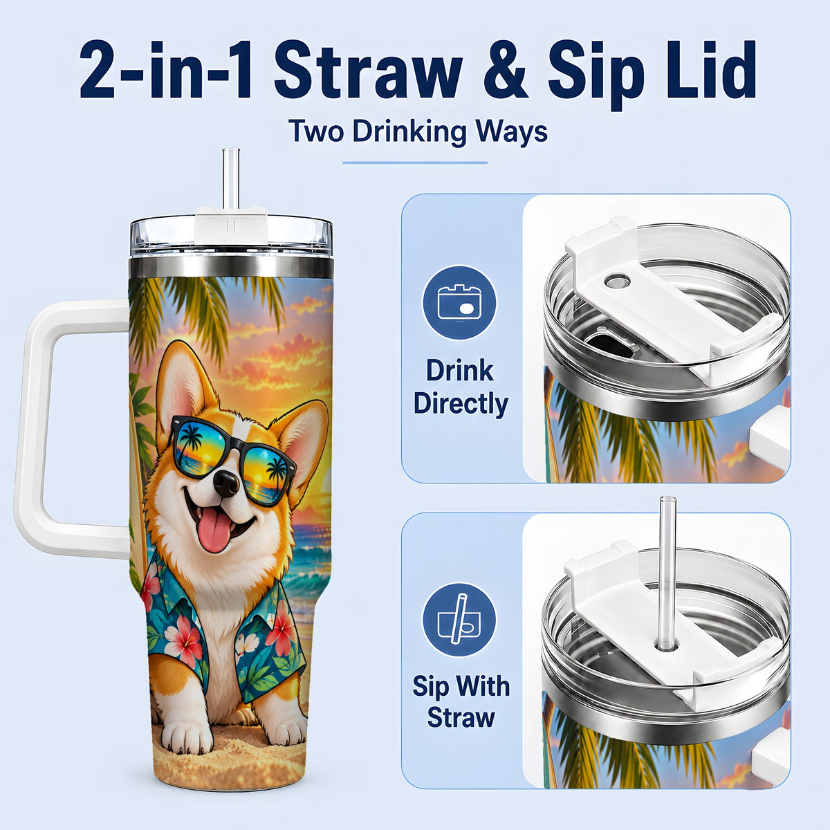 #pl[40oz|White] Tropical Corgi Beach 40oz Tumbler for Dog Lovers and Summer Days