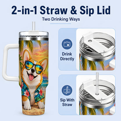 #pl[40oz|White] Tropical Corgi Beach 40oz Tumbler for Dog Lovers and Summer Days