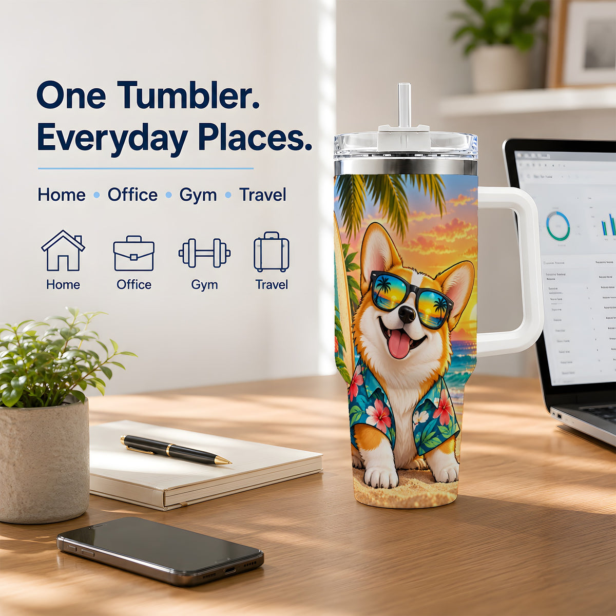 Tropical Corgi Beach 40oz Tumbler for Dog Lovers and Summer Days