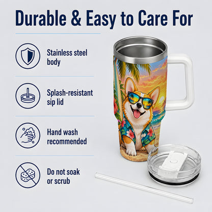 Tropical Corgi Beach 40oz Tumbler for Dog Lovers and Summer Days