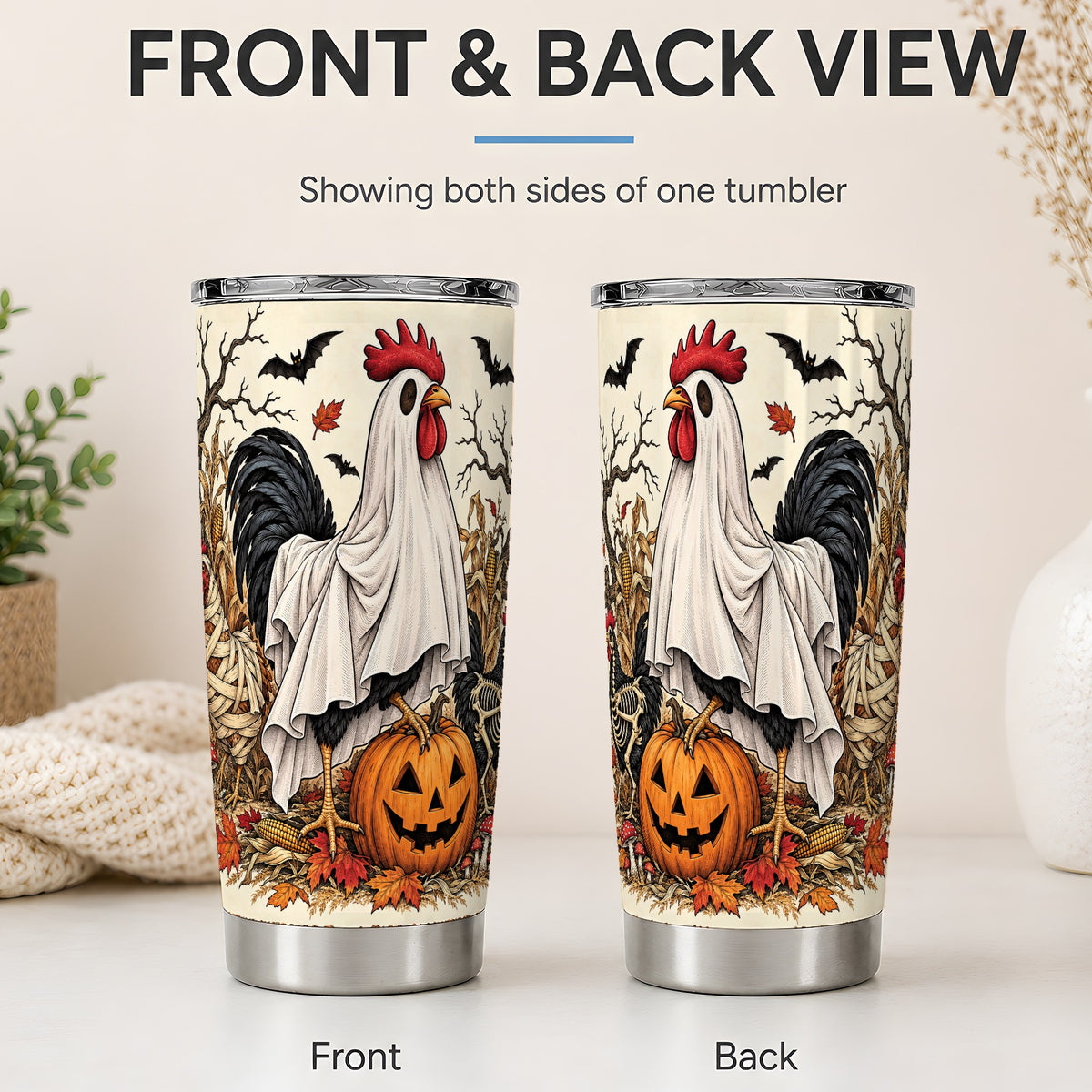 #pl[20oz|Steel] Halloween Chicken 20oz Tumbler, Spooky Farm Pumpkin Autumn Artwork