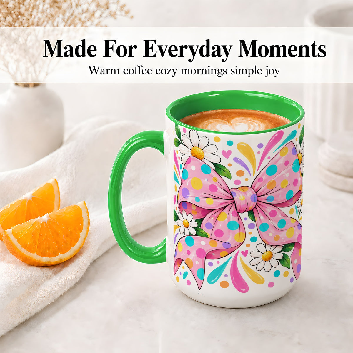 #pl[15oz|Green] Daisy Polka Dot Bow Ceramic Mug with Colorful Floral Artwork