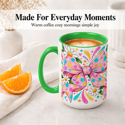 #pl[15oz|Green] Daisy Polka Dot Bow Ceramic Mug with Colorful Floral Artwork