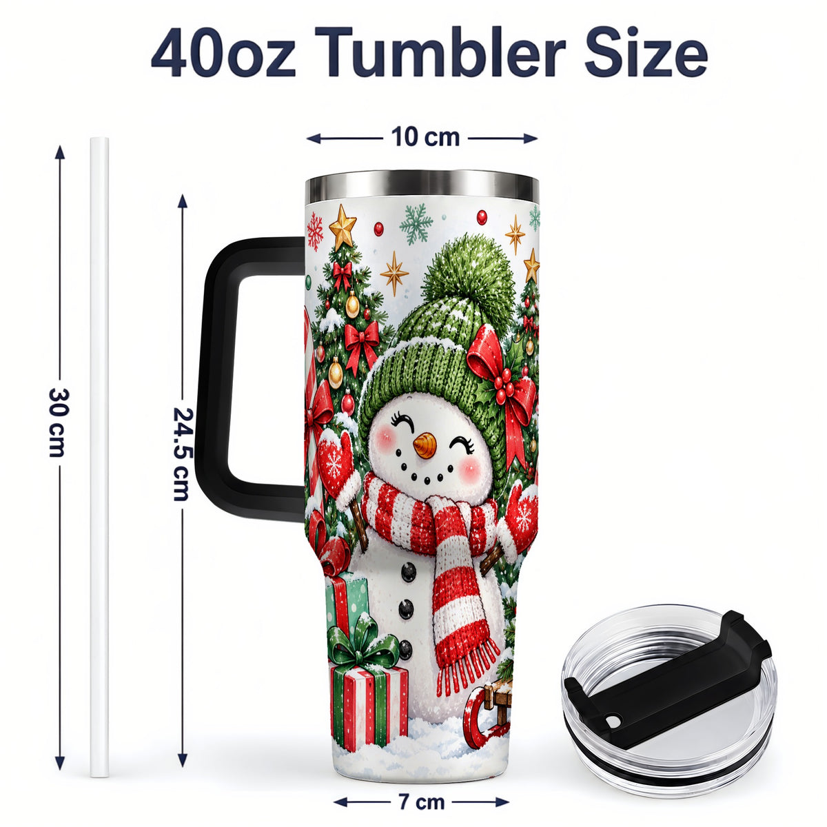 #pl[40oz|Black] Christmas Snowman 40oz Tumbler with Candy Cane Holiday Artwork
