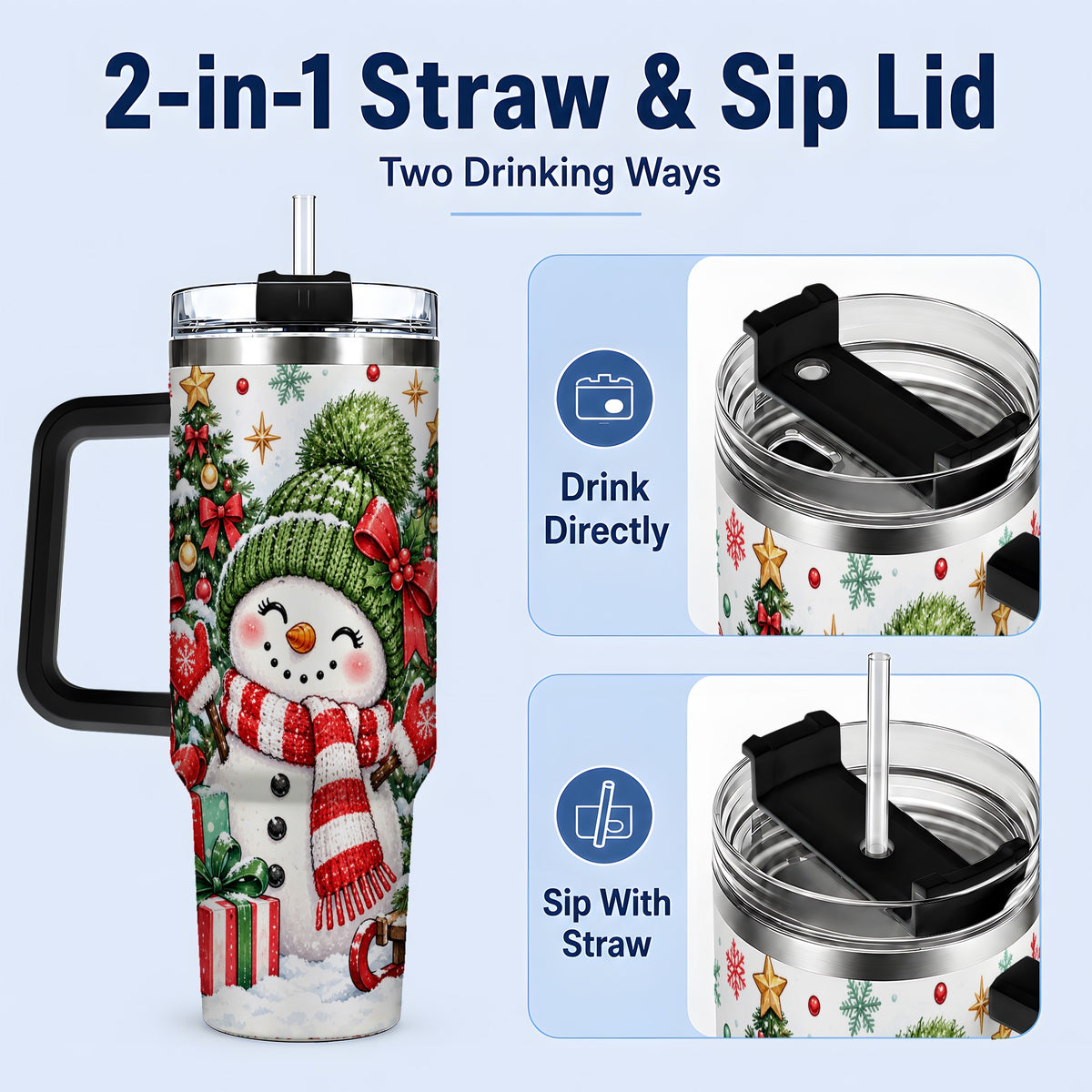 #pl[40oz|Black] Christmas Snowman 40oz Tumbler with Candy Cane Holiday Artwork