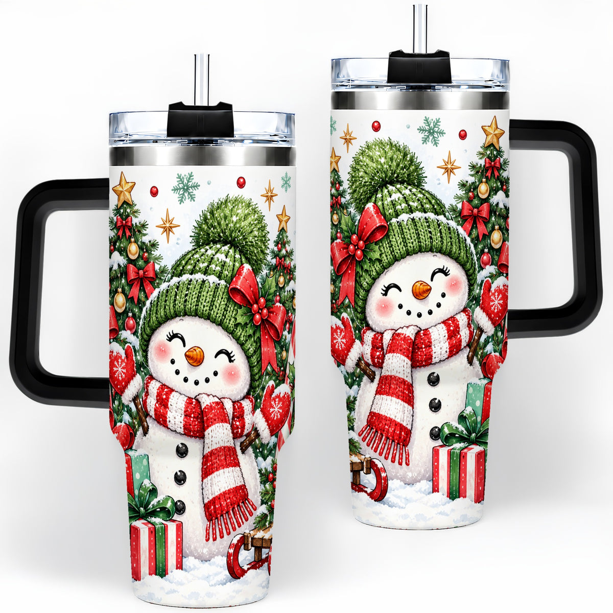 #pl[40oz|Black] Christmas Snowman 40oz Tumbler with Candy Cane Holiday Artwork