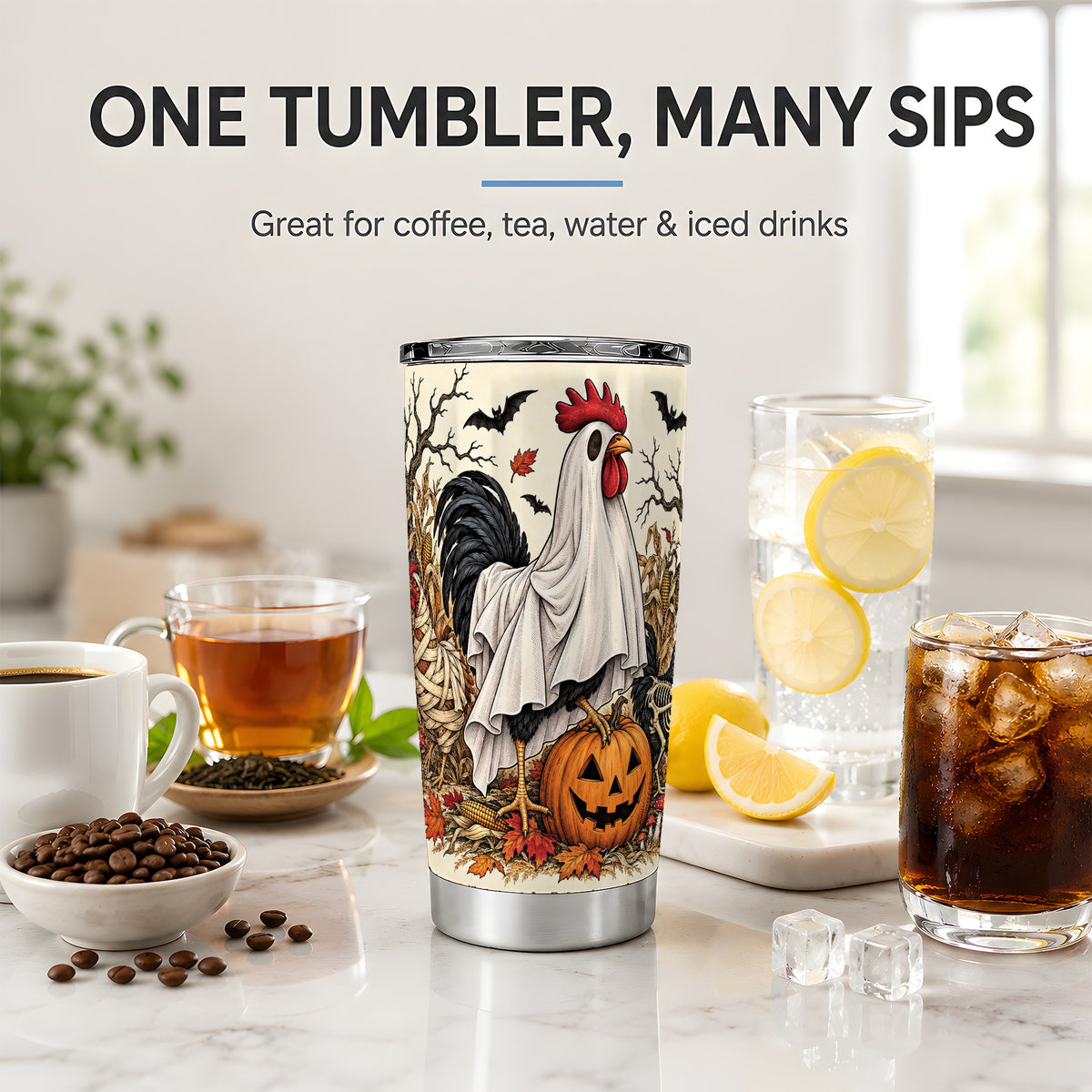 Halloween Chicken 20oz Tumbler, Spooky Farm Pumpkin Autumn Artwork