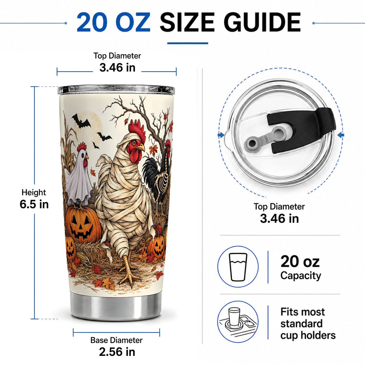 #pl[20oz|Steel] Mummy Chicken Halloween 20oz Tumbler, Spooky Pumpkin Farm Artwork
