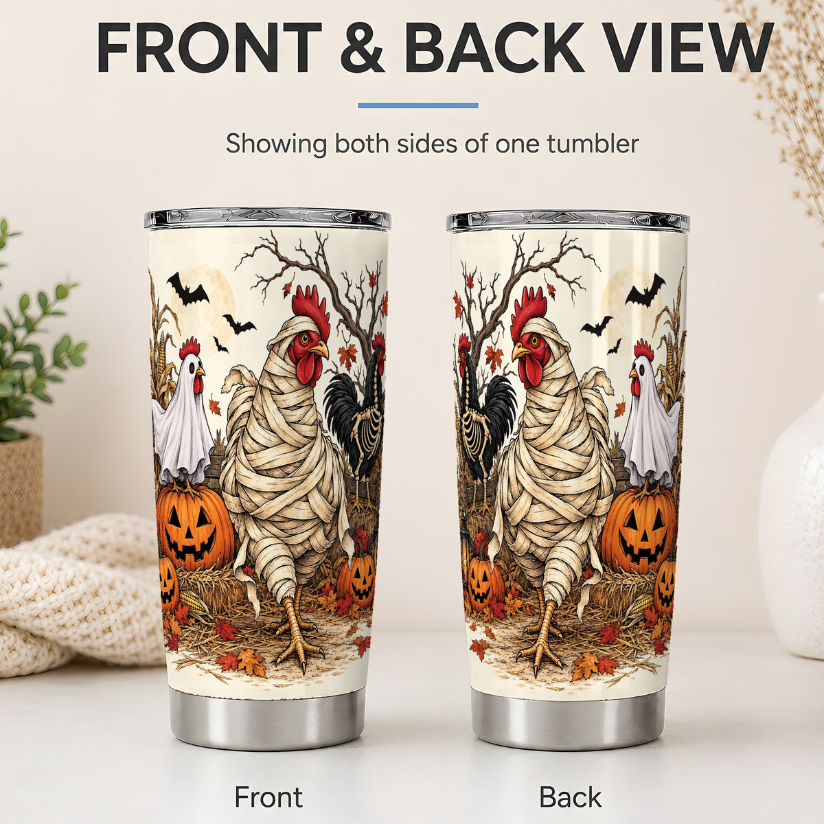 #pl[20oz|Steel] Mummy Chicken Halloween 20oz Tumbler, Spooky Pumpkin Farm Artwork