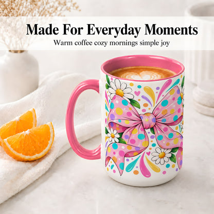 #pl[15oz|Pink] Daisy Polka Dot Bow Ceramic Mug with Colorful Floral Artwork