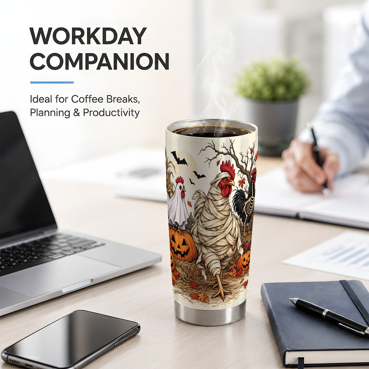 Mummy Chicken Halloween 20oz Tumbler, Spooky Pumpkin Farm Artwork
