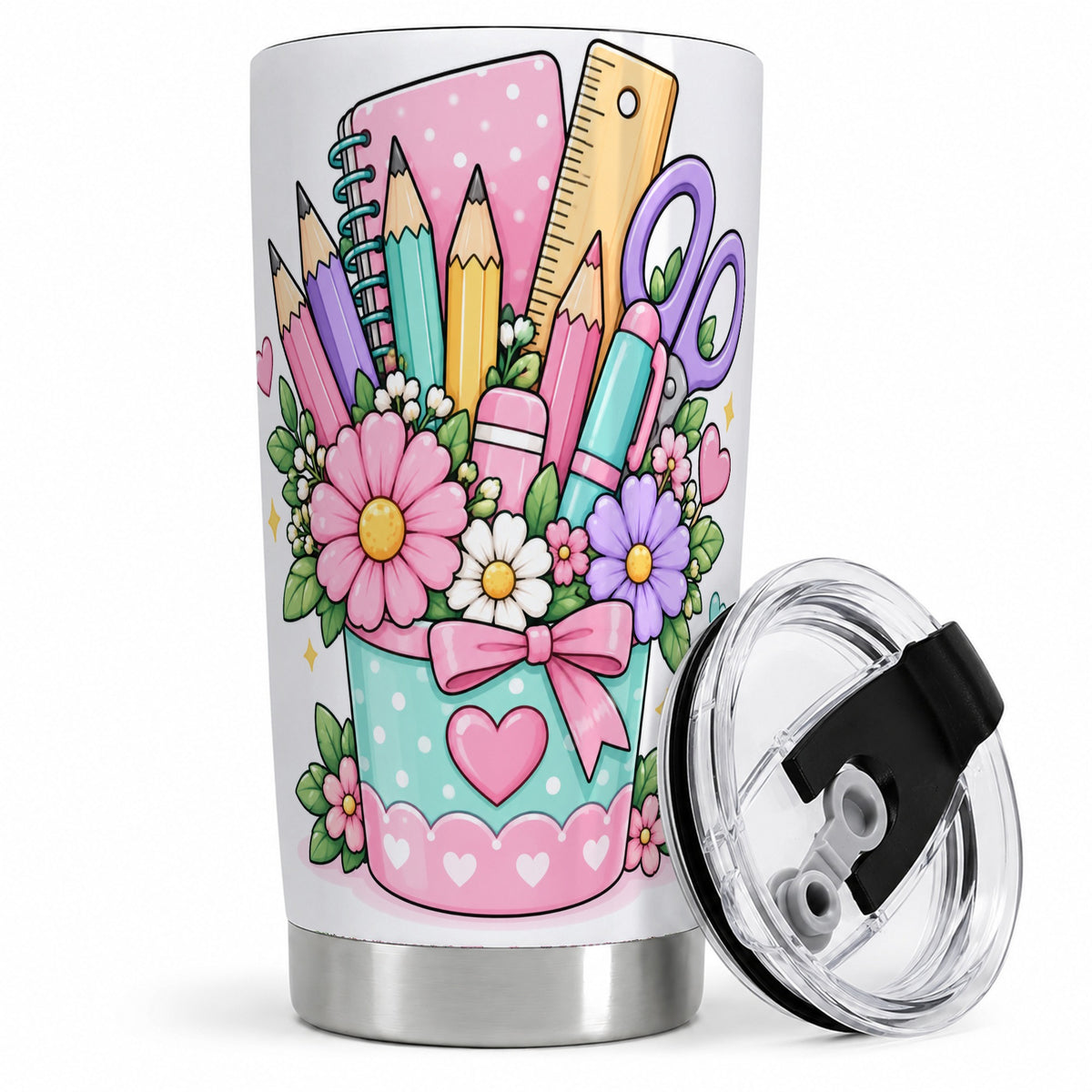 Pastel School Supplies 20oz Tumbler, Cute Floral Classroom Artwork